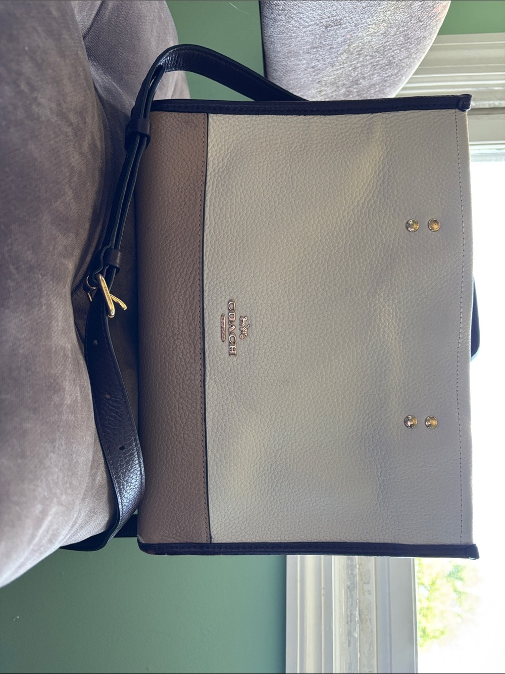 Coach Two-Tone Leather Satchel in Light Taupe Cream and Dark Brown trim.